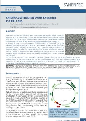 CRISPR/Cas9, CHO cells, Transient Lipofection, Transfection, Fluorescence Microscopy, GFP, Methotrexate, DHFR-knockout, Monoclonal cell line, Cell line development, Limited Dilution, mAb