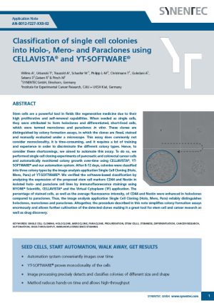 Stem cells are a powerful tool in fields like regenerative medicine due to their high proliferative and self-renewal capabilities. When seeded as single cells, they were attributed to form holoclones and differentiated, short-lived cells, which were termed meroclones and paraclones in vitro for which we performed single cell cloning experiments of pancreatic and colorectal cancer cells and automatically monitored colony growth over-time using CELLAVISTA®, YTSOFTWARE® and our automation system.