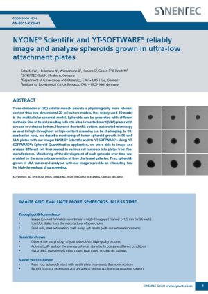 In this application note, we describe monitoring of tumor spheroid growth in 96 well ULA plates with our imager NYONE® Scientific and its YT-SOFTWARE®. Using YTSOFTWARE®’s Spheroid Quantification application, we were able to image and analyze different cell lines seeded in various cell numbers into plates from four manufacturers. Monitoring of the development of each spheroid over time was enabled by the automatic generation of time charts and galleries.