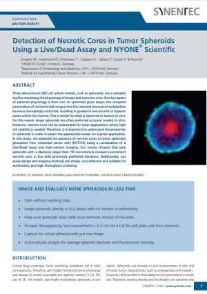 In this study, we analyzed the presence of necrotic cores in tumor spheroids generated from colorectal cancer cells (HCT116) using a combination of a Live/Dead assay and high-content imaging.