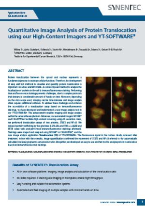 Protein translocation between the cytosol and nucleus represents a fundamental process to maintain cellular functions. Therefore, the development of easy and fast methods to visualize and quantify protein translocation is important in various scientific fields. A commonly used method to analyze the localization of proteins in the cell is immunofluorescence staining.